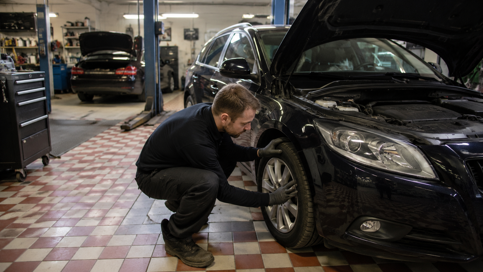 Mekaniker utför bilservice på Norrtullsgatan 51 i Vasastan